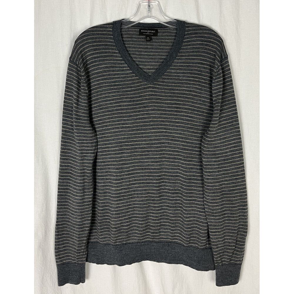 Banana Republic Sweater Men's Size XL Gray Striped V-neck 100% Merino Wool